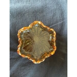 Vintage Amber Glass Trinket Dish Sunburst Scalloped Gold Trim Ring Bowl 3 Inch